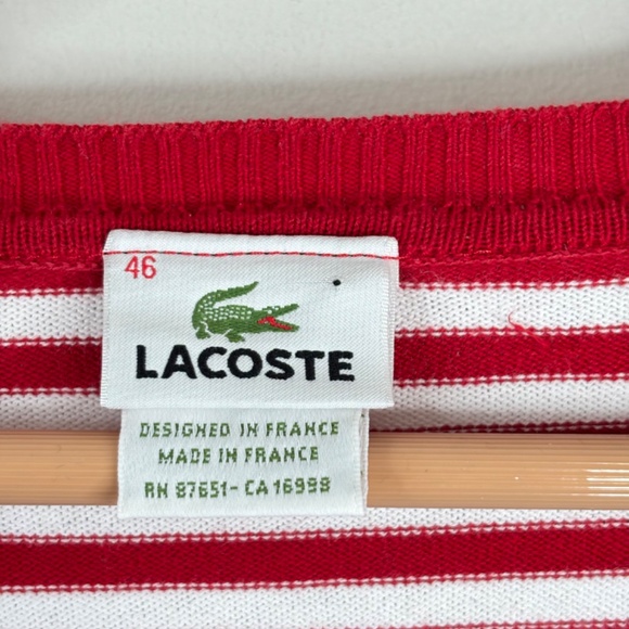 VTG 80s 90s LACOSTE V-Neck Sweater 46/XL Red White Stripe French Made Christmas - Picture 5 of 10